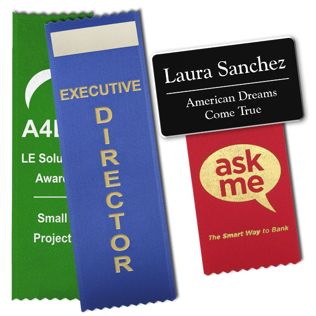nametags include vertical satin stackable badge ribbons