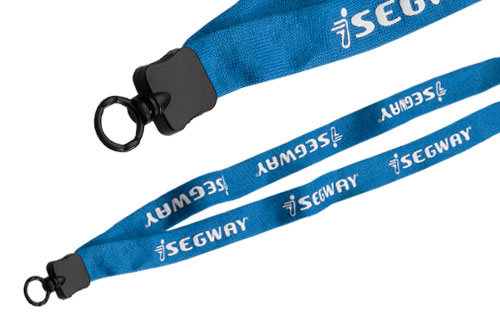 3/4 inch electric blue lanyard with white imprint, clamshell finish.