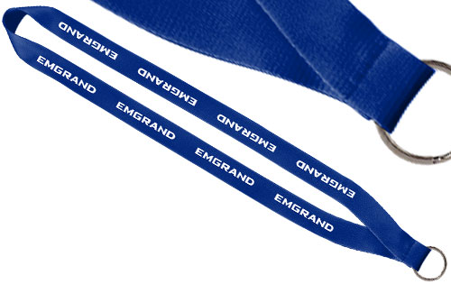 Royal blue polyester lanyard with sewn finish and silver attachment, silkscreen printing 3/4 inch width.
