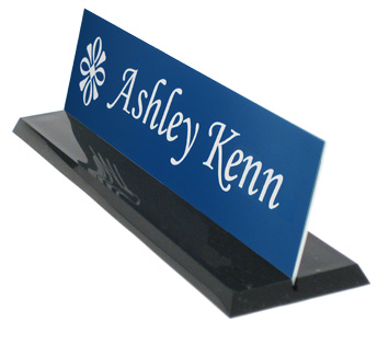 Black plastic desk base with a blue name plate.
