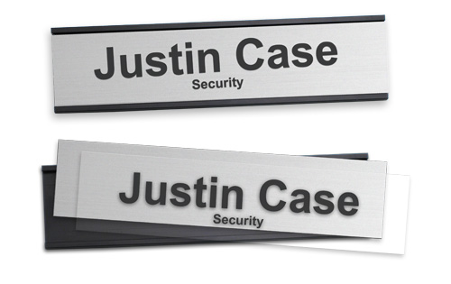 2 x 8 inch reusable name plate with a logo on the backplate.
