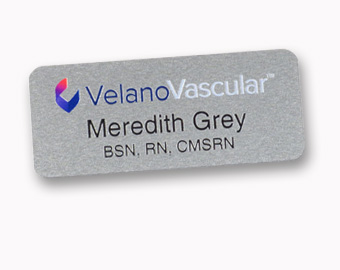 A name tag with a UV color printed logo.