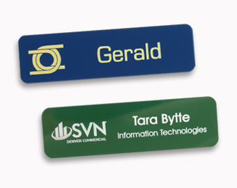 Metal name tags with laser engraved logos, 0.75x2.75 inches