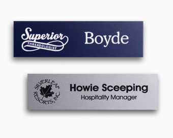 Examples of two name tags with laser engraved logos