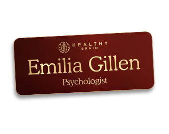 Metal name tag 1.25x3 inches with text and engraved logo